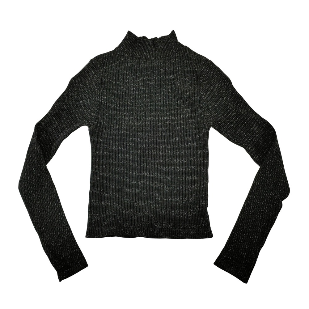 Aura Womens Black‎ Metallic Ribbed Mock Neck Long Sleeve Top S/M NWT